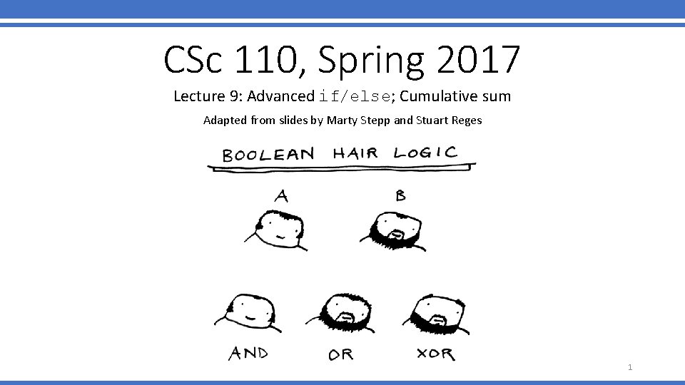 CSc 110, Spring 2017 Lecture 9: Advanced if/else; Cumulative sum Adapted from slides by