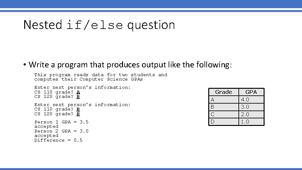 Nested if/else question • Write a program that produces output like the following: This