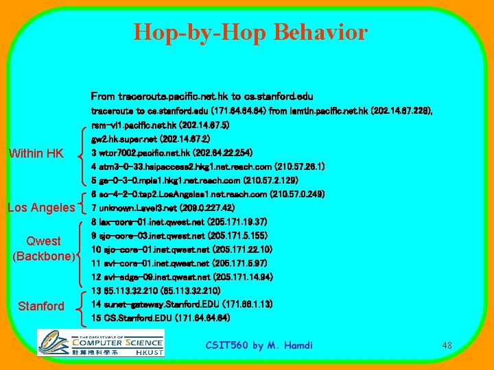 Hop-by-Hop Behavior From traceroute. pacific. net. hk to cs. stanford. edu Within HK Los