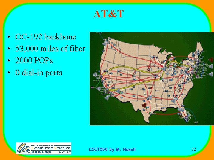 AT&T • • OC-192 backbone 53, 000 miles of fiber 2000 POPs 0 dial-in