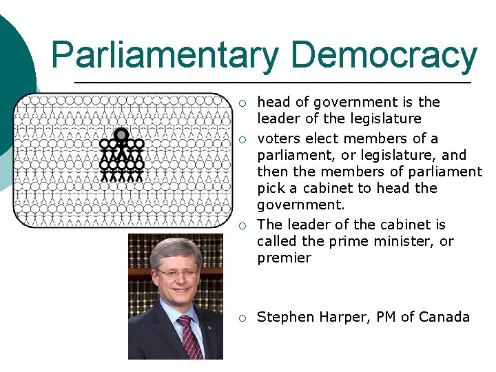 Parliamentary Democracy ¡ ¡ head of government is the leader of the legislature voters