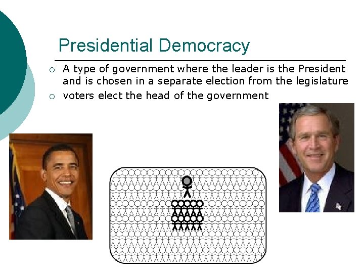 Presidential Democracy ¡ ¡ A type of government where the leader is the President
