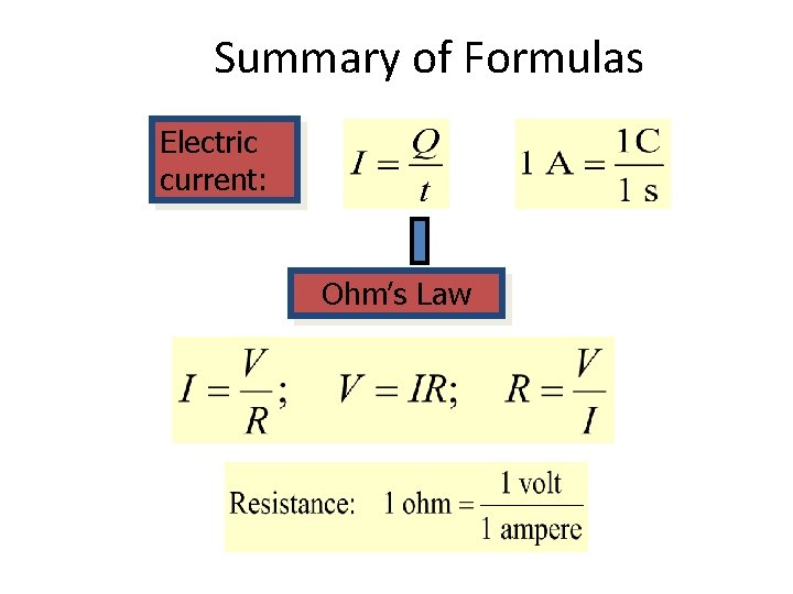 Summary of Formulas Electric current: Ohm’s Law 