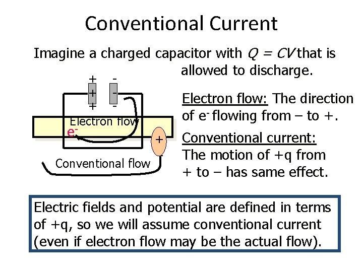 Conventional Current Imagine a charged capacitor with Q = CV that is allowed to