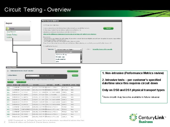 Circuit Testing - Overview 1. Non-intrusive (Performance Metrics review) 2. Intrusive tests – per