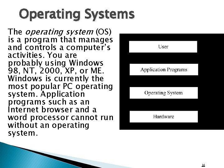 Operating Systems The operating system (OS) is a program that manages and controls a