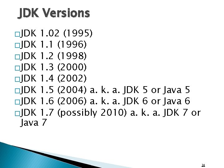 JDK Versions �JDK 1. 02 (1995) �JDK 1. 1 (1996) �JDK 1. 2 (1998)