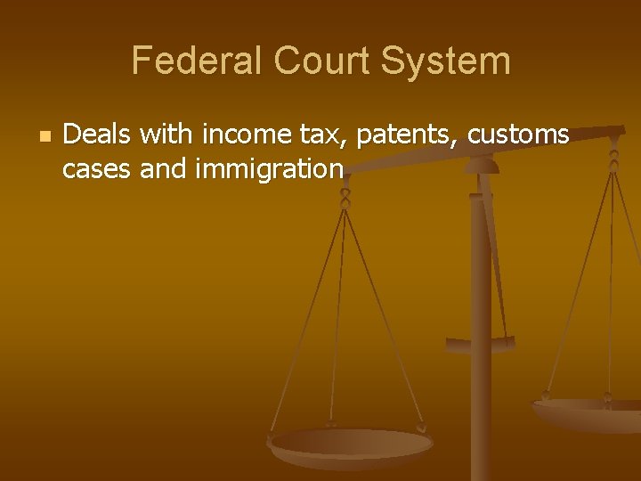 Federal Court System n Deals with income tax, patents, customs cases and immigration 