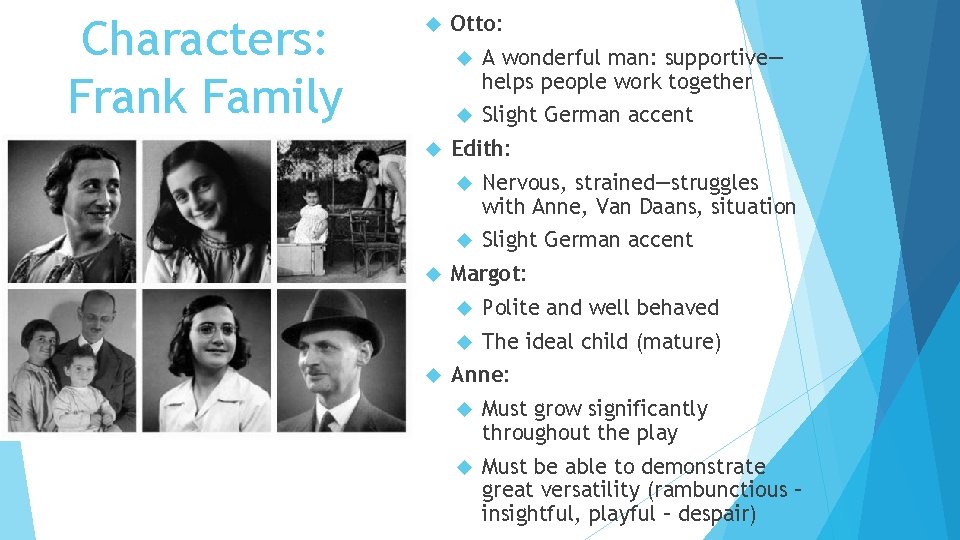 Characters: Frank Family Otto: A wonderful man: supportive— helps people work together Slight German