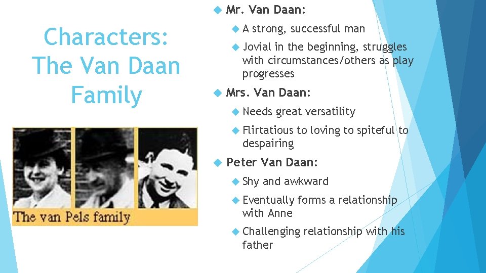  Characters: The Van Daan Family Mr. Van Daan: A strong, successful man Jovial