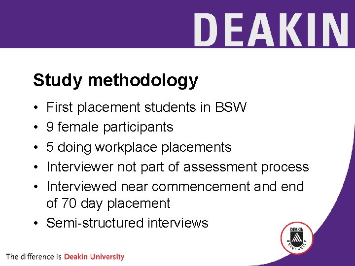 Study methodology • • • First placement students in BSW 9 female participants 5