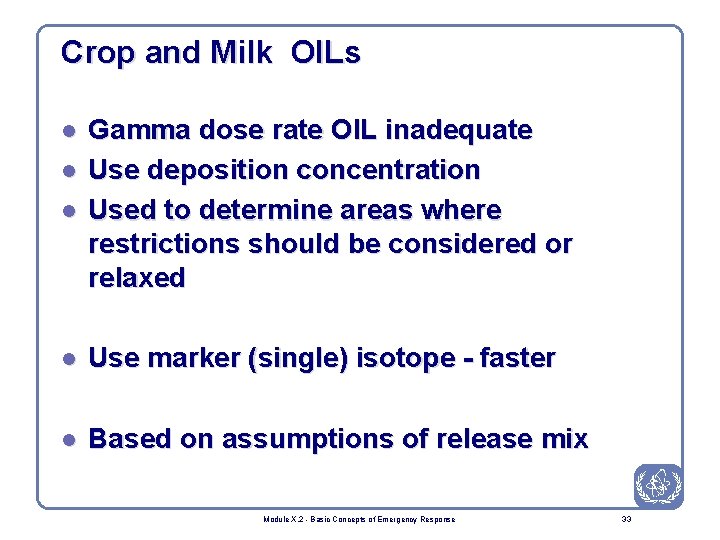 Crop and Milk OILs l Gamma dose rate OIL inadequate Use deposition concentration Used