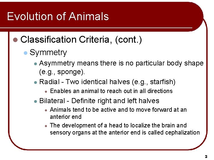 Evolution of Animals l Classification l Criteria, (cont. ) Symmetry Asymmetry means there is