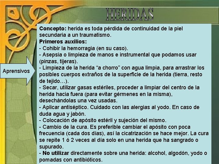 Aprensivos Concepto: herida es toda pérdida de continuidad de la piel secundaria a un