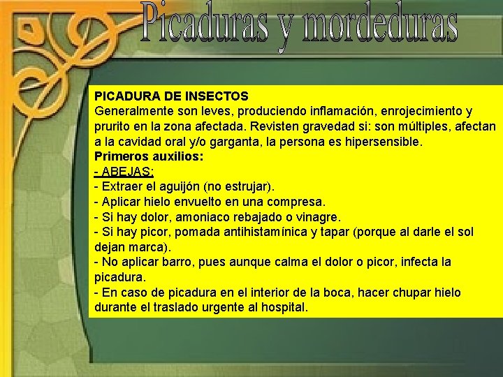 PICADURA DE INSECTOS Generalmente son leves, produciendo inflamación, enrojecimiento y prurito en la zona