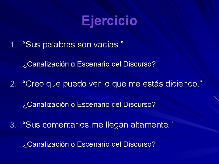 Ejercicio 1. “Sus palabras son vacías. ” ¿Canalización o Escenario del Discurso? 2. “Creo