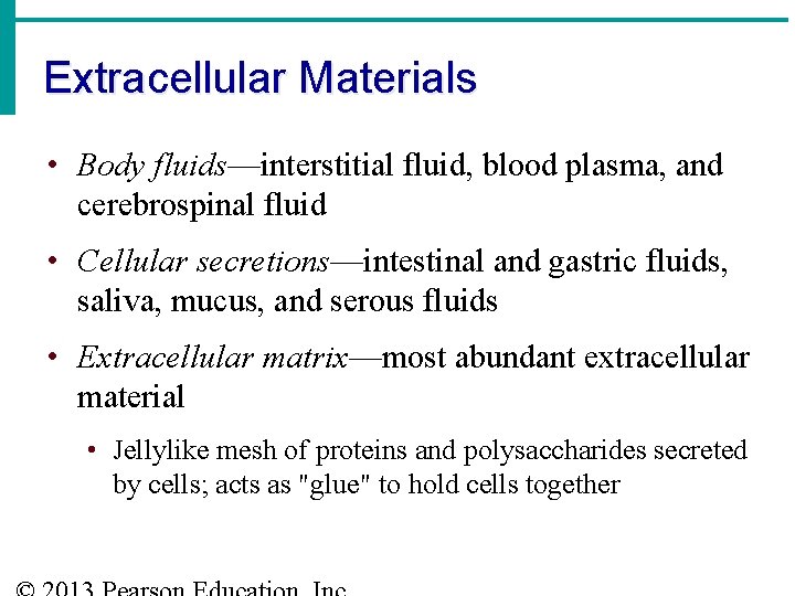 Extracellular Materials • Body fluids—interstitial fluid, blood plasma, and cerebrospinal fluid • Cellular secretions—intestinal