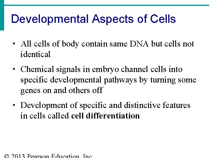 Developmental Aspects of Cells • All cells of body contain same DNA but cells