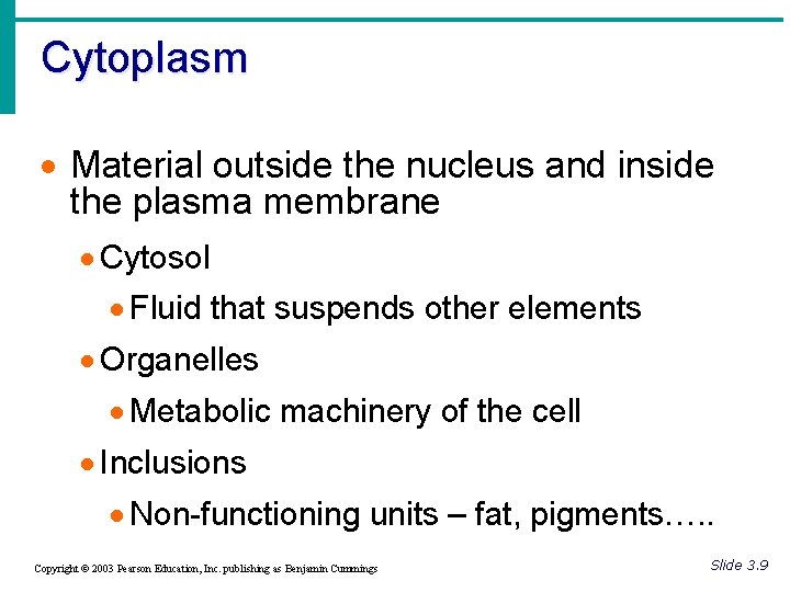 Cytoplasm · Material outside the nucleus and inside the plasma membrane · Cytosol ·