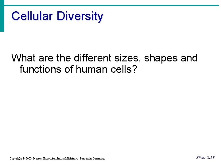 Cellular Diversity What are the different sizes, shapes and functions of human cells? Copyright