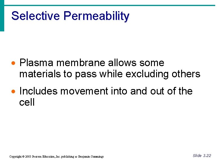 Selective Permeability · Plasma membrane allows some materials to pass while excluding others ·