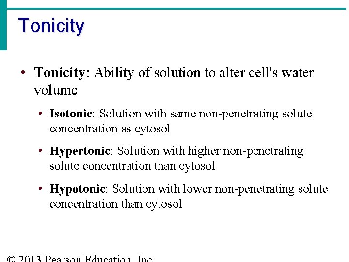 Tonicity • Tonicity: Ability of solution to alter cell's water volume • Isotonic: Solution