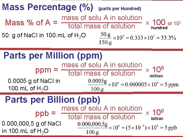 Mass Percentage (%) (parts per Hundred) mass of solu A in solution 100 or