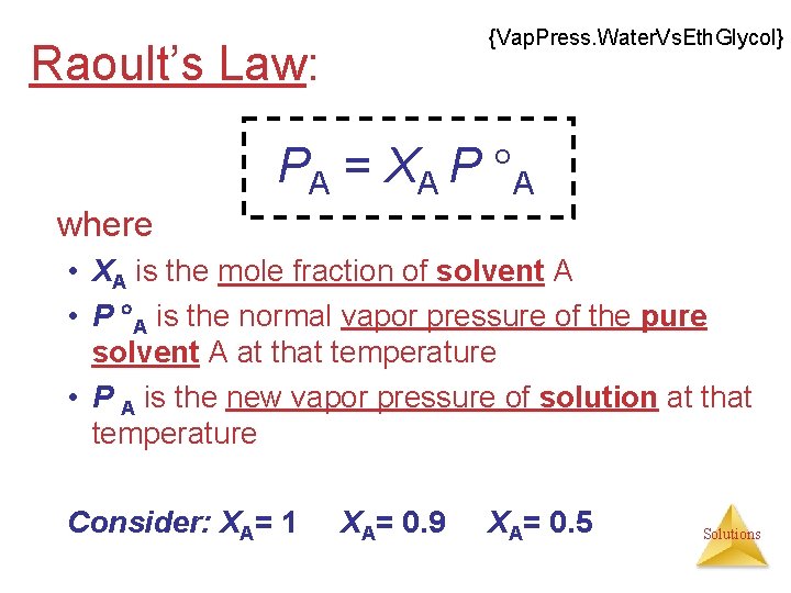 {Vap. Press. Water. Vs. Eth. Glycol} Raoult’s Law: PA = XA P A where