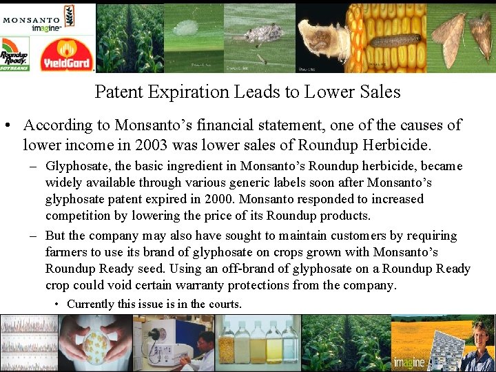Patent Expiration Leads to Lower Sales • According to Monsanto’s financial statement, one of