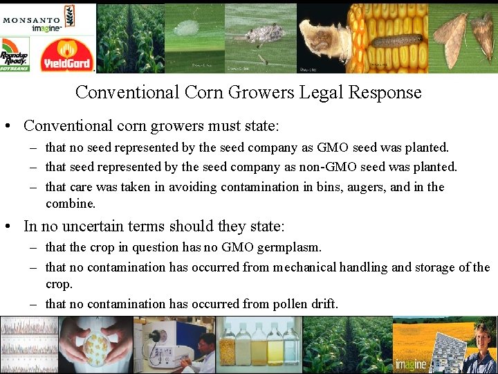 Conventional Corn Growers Legal Response • Conventional corn growers must state: – that no