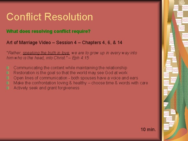 Conflict Resolution What does resolving conflict require? Art of Marriage Video – Session 4