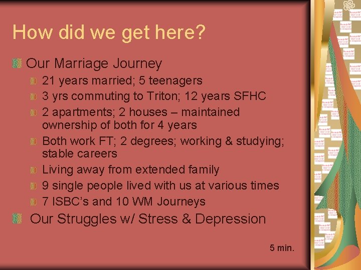 How did we get here? Our Marriage Journey 21 years married; 5 teenagers 3