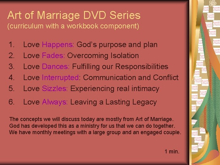 Art of Marriage DVD Series (curriculum with a workbook component) 1. 2. 3. 4.