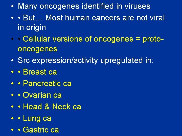  • Many oncogenes identified in viruses • • But… Most human cancers are