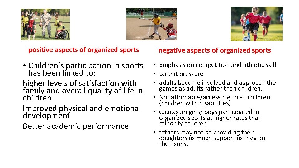 positive aspects of organized sports negative aspects of organized sports • Children’s participation in