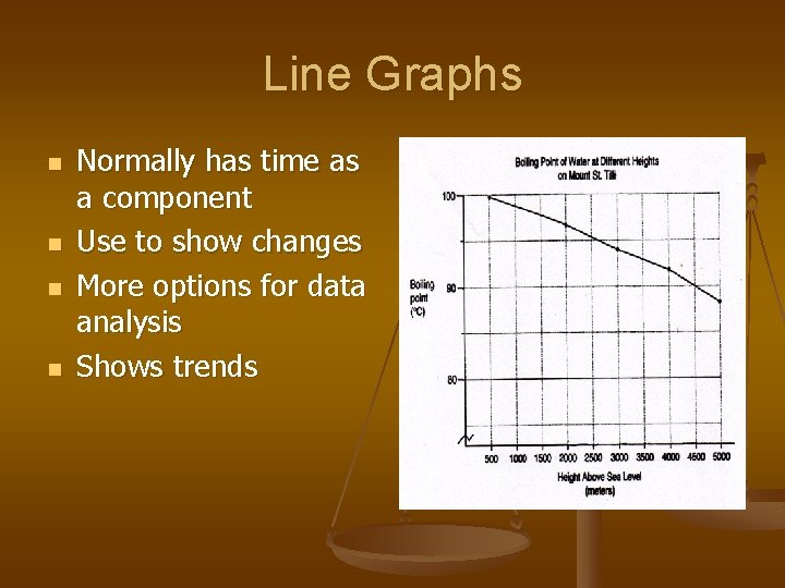 Line Graphs n n Normally has time as a component Use to show changes