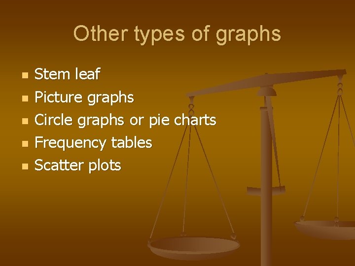 Other types of graphs n n n Stem leaf Picture graphs Circle graphs or