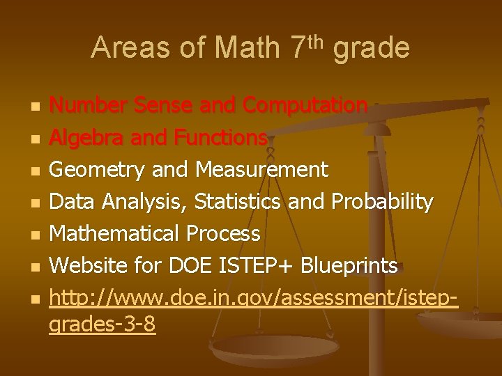 Areas of Math 7 th grade n n n n Number Sense and Computation