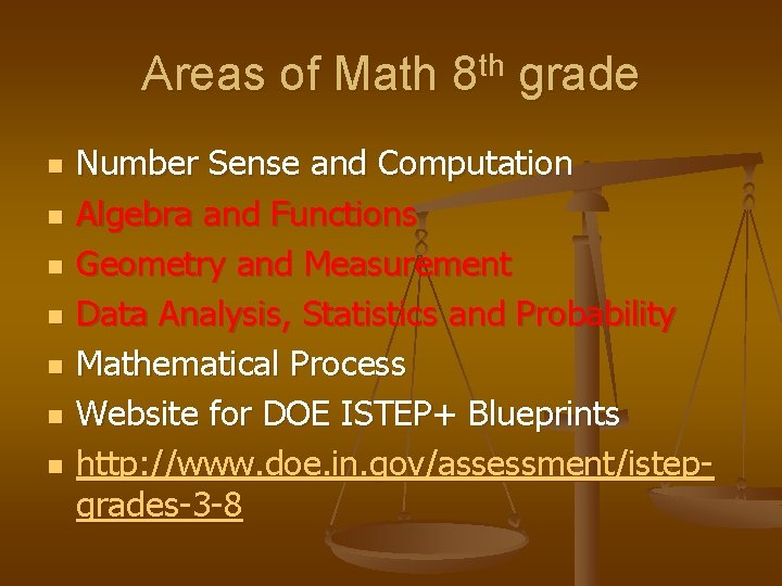 Areas of Math 8 th grade n n n n Number Sense and Computation