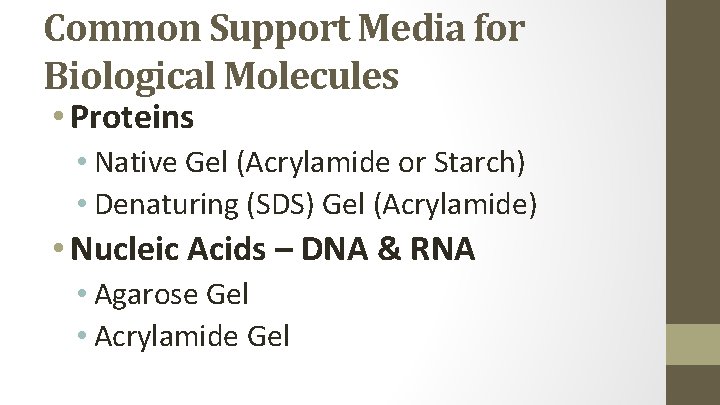 Common Support Media for Biological Molecules • Proteins • Native Gel (Acrylamide or Starch)