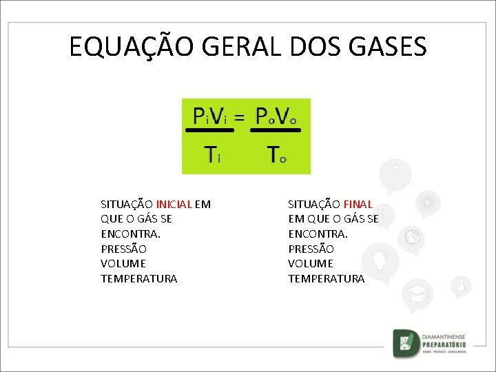 EQUAÇÃO GERAL DOS GASES SITUAÇÃO INICIAL EM QUE O GÁS SE ENCONTRA. PRESSÃO VOLUME