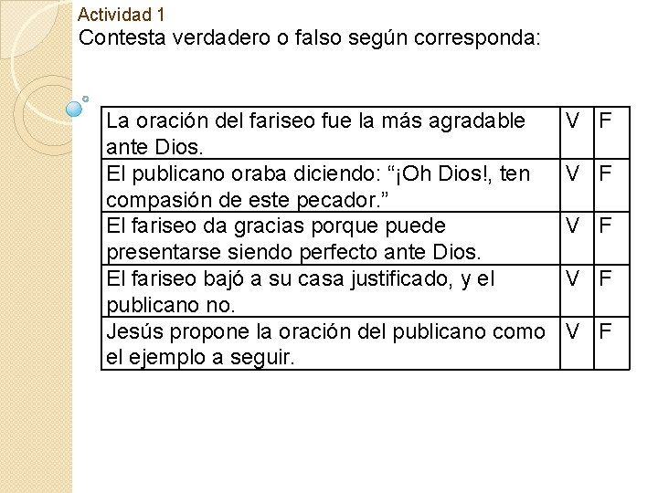 Actividad 1 Contesta verdadero o falso según corresponda: La oración del fariseo fue la