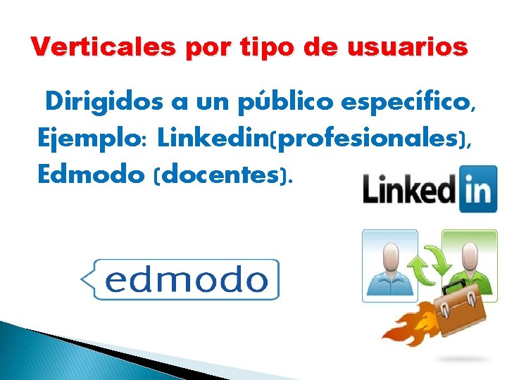 Verticales por tipo de usuarios Dirigidos a un público específico, Ejemplo: Linkedin(profesionales), Edmodo (docentes).