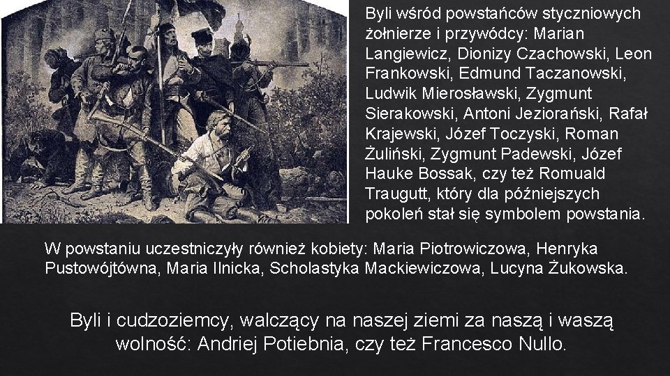 Byli wśród powstańców styczniowych żołnierze i przywódcy: Marian Langiewicz, Dionizy Czachowski, Leon Frankowski, Edmund