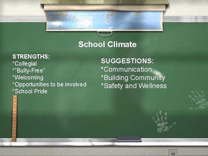School Climate STRENGTHS: *Collegial *”Bully-Free” *Welcoming *Opportunities to be involved *School Pride. SUGGESTIONS: *Communication