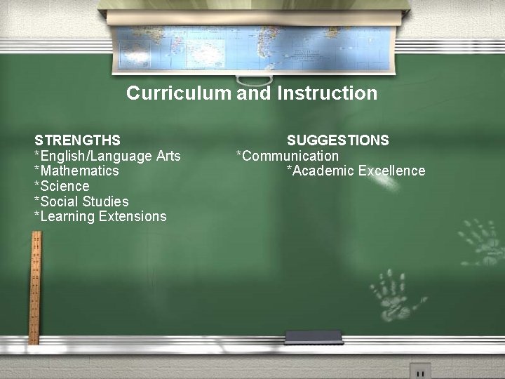 Curriculum and Instruction STRENGTHS *English/Language Arts *Mathematics *Science *Social Studies *Learning Extensions SUGGESTIONS *Communication