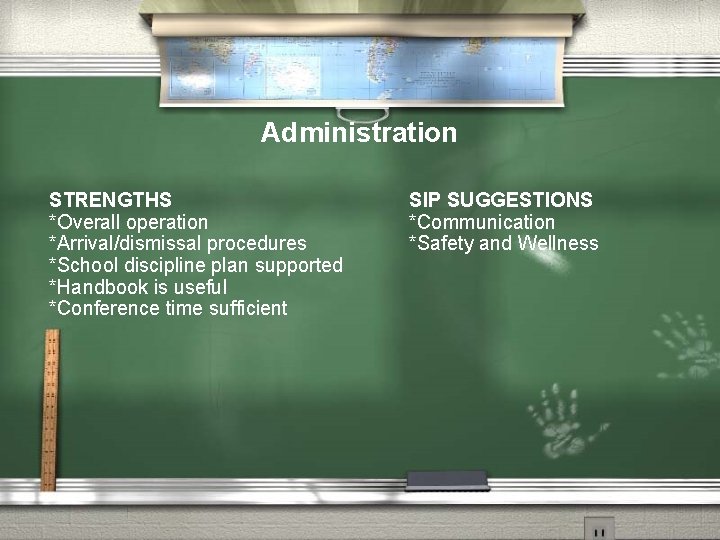 Administration STRENGTHS *Overall operation *Arrival/dismissal procedures *School discipline plan supported *Handbook is useful *Conference