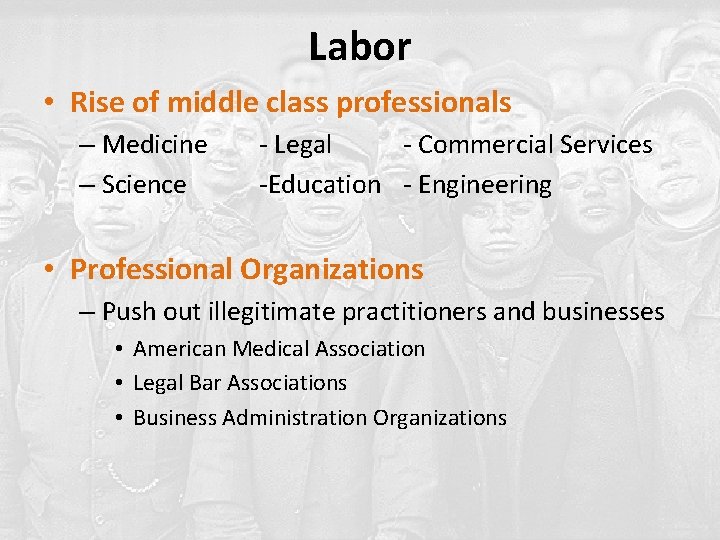 Labor • Rise of middle class professionals – Medicine – Science - Legal -