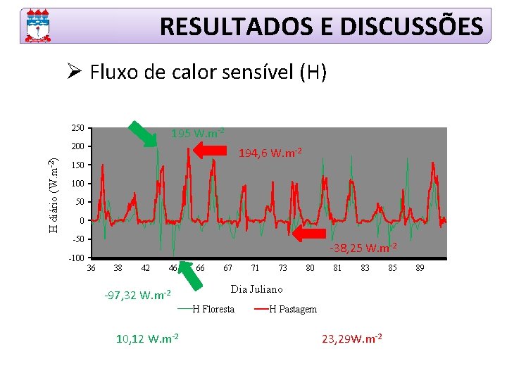 RESULTADOS E DISCUSSÕES Ø Fluxo de calor sensível (H) 250 195 W. m-2 H