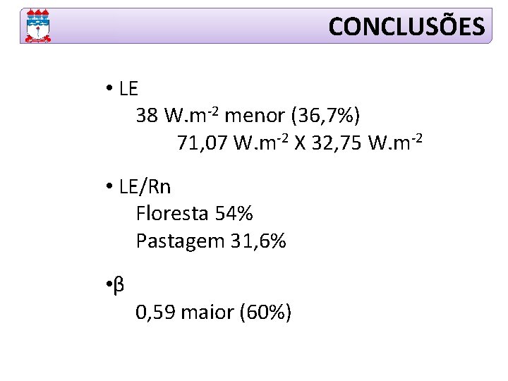 CONCLUSÕES • LE 38 W. m-2 menor (36, 7%) 71, 07 W. m-2 X